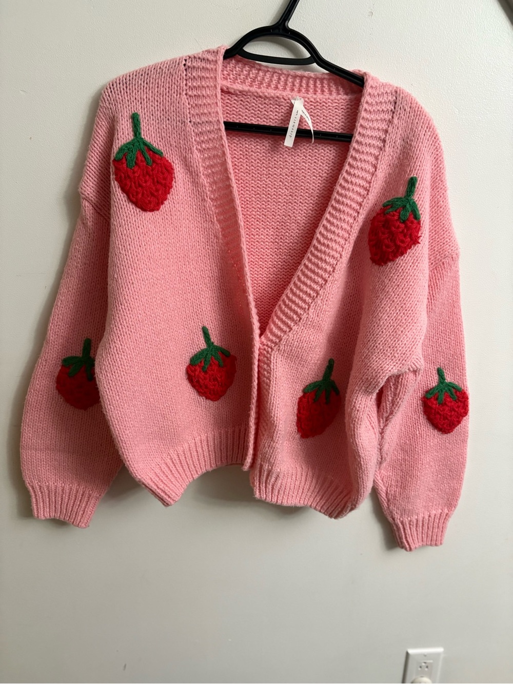 Dreamers Pink Cardigan with Red Strawberry embroidered hand knit large